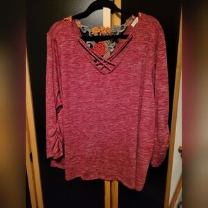 3X Red V-Neck Sweater with Crisscross & Embroidery Detail